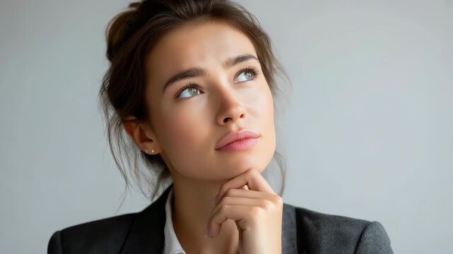 Thoughtful caucasian young adult female in business attire pondering decision