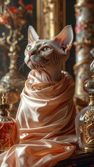Sphynx Cat in Peach Drape Among Antique Bottles