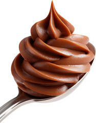 Chocolate frosting swirl on spoon with smooth creamy texture and rich color