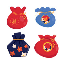 Set of stylish red, blue Japanese lucky bags in cartoon style. Vector illustration of colorful blessing bags of various shapes with strings isolated on white background. Japanese amulets, talismans.