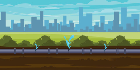 Vector illustration of a city landscape with burst pipes. Cartoon scene of a burst, broken pipe on a city street, water leakage, earth, grass, bushes, silhouettes of houses of different sizes, sky.
