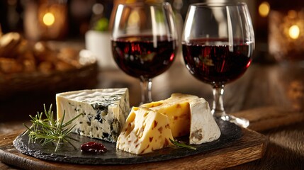 A cheese platter and two glasses of red wine, cozy scene