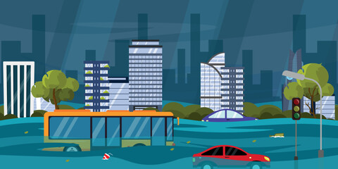 Vector illustration of gloomy city landscape with flooding. Cartoon scene landscape, flood in the city, water, dark sky, drowned cars, bus, traffic light, lamppost, trees, multi-storey buildings.
