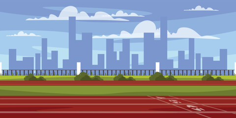Vector illustration of a city landscape with sports areas for outdoor training. Cartoon scene of a sports ground with asphalt surface, markings, numbers, fence, silhouettes of multi-storey buildings.