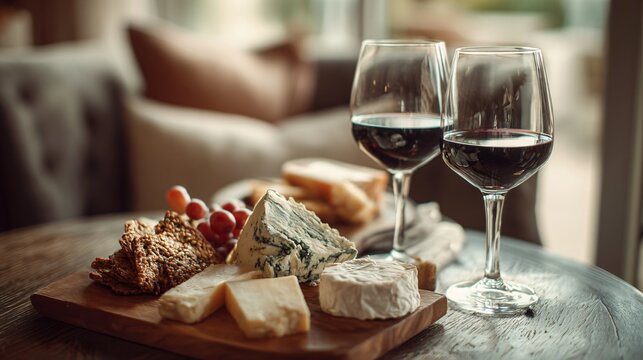 A cheese platter and two glasses of red wine, cozy scene - Powered by Adobe