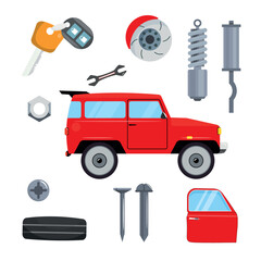 Fototapeta premium Set of different car parts in cartoon style. Vector illustration of side view of red car, car keys, tires, wrench, bolt, door, nails, shock absorber, exhaust system isolated on white background.