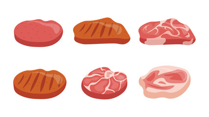 Set of meat steaks in cartoon style. Vector illustration of different types of meat steaks, cooked and raw, grilled, pan-fried: pork, beef, chicken, isolated on white background. Meat grocery store.