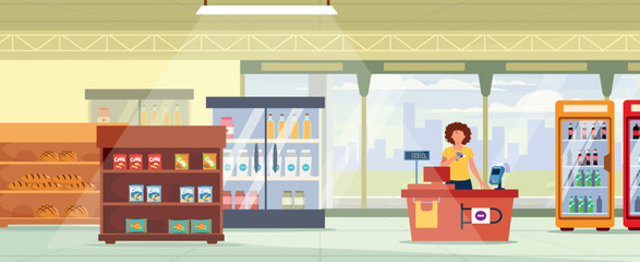 Vector illustration of a supermarket interior. Cartoon scene inside a retail building with vending machines, shelves of various goods, a female cashier standing behind the cash register, windows.