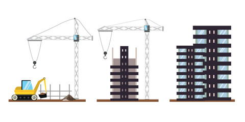 Vector illustration of the process of building multi-storey houses. Cartoon scene of construction stages: excavator, cranes, piles of cement, concrete, house frame, built multi-storey buildings.