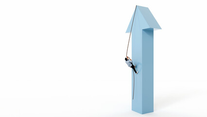 Man climbing a large blue upward arrow with a rope, ambition and persistence toward success, business growth with copy space, 3d render