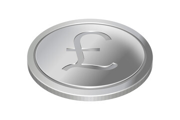 A silver coin with the British pound sterling currency symbol on surface. Money illustration, three-dimensional, isolated on transparent.