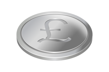 A silver coin with the British pound sterling currency symbol on surface. Money illustration, three-dimensional, isolated on transparent.