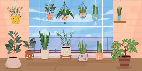 Vector illustration of potted plants in a room near a balcony. Cartoon scene of a room interior with various flowerpots in hanging macrame stands, stylish pots with patterns, window, balcony, sky.
