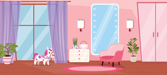Vector illustration of a beautiful girlish room. Cartoon scene of a room interior with pink walls, armchair, chest of drawers, handbag, houseplants, large mirror, wardrobe, children's toy pony.