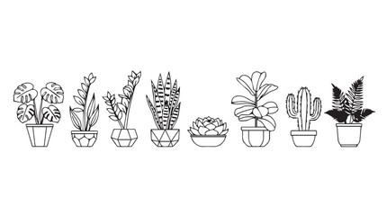 Collection of potted cactus and succulent plants artistic line drawing for botanical decor silhouette