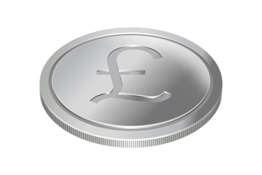 A silver coin with the British pound sterling currency symbol on surface. Money illustration, three-dimensional, isolated on transparent.