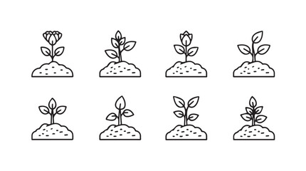 Eight hand-drawn seedling sprouts growing from soil icons set for growth concepts silhouette