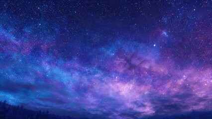 Vibrant purple and blue galaxy filled with stars over a silhouetted forest landscape