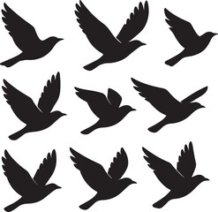 Fototapeta premium Black bird silhouettes in flight flying white background