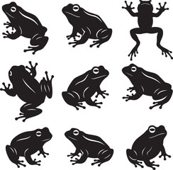 Black frog silhouettes various poses animal amphibian