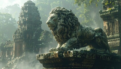 Stone Lion Statue Amidst Ancient Ruins in Misty Jungle