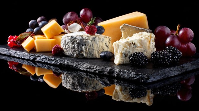 A luxury cheese platter on black slate, reflective surface - Powered by Adobe