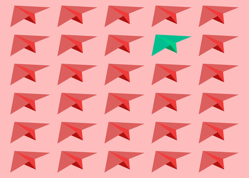 Green paper plane illustration with red planes signifying uniqueness