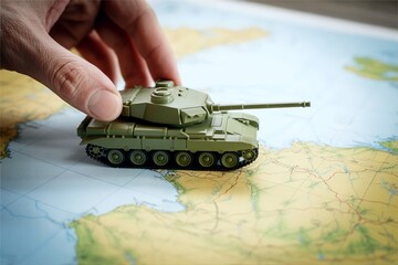 hand move tank toy on map. Modern warfare strategy