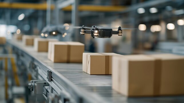 Autonomous drones moving packages seamlessly along robotic conveyor systems in a futuristic warehouse, emotion of reliability and speed visible, representing AI logistics integration, advanced