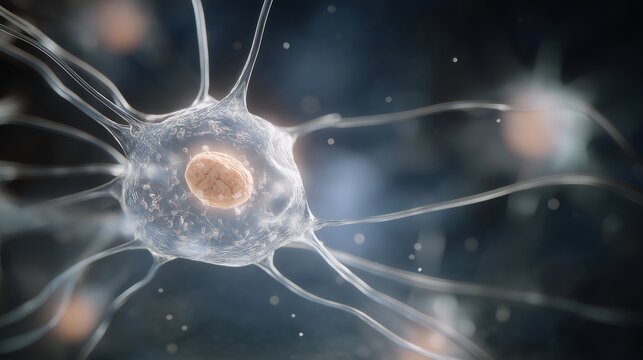 Transparent human cell model under high magnification revealing nucleus and thin filament networks, symbolizing biotechnology innovation, gene therapy research, and microscopic study of biological