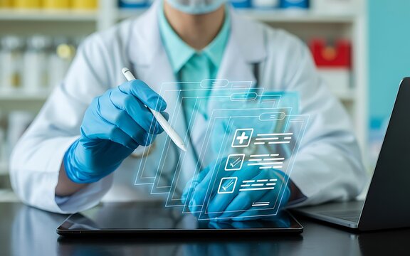 A medical professional uses digital technology for healthcare diagnosis with futuristic interface on the tablet computer.