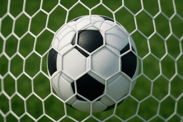 Close up view of soccer ball caught net, showcasing black and white pattern against green grass background. image evokes excitement and thrill