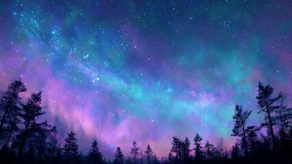 Silhouette of coniferous trees against a vibrant purple and teal aurora borealis and star filled night sky