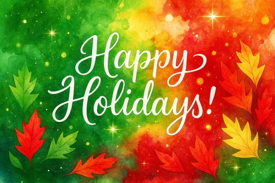 Festive Happy Holidays Watercolor with Autumn Leaves Greetings Graphic Art Design Holiday Theme Festive Season Fall Time Abstract Art - Powered by Adobe