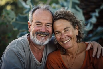 Fototapeta premium Portrait of a grinning caucasian couple in their 50s smiling at the camera