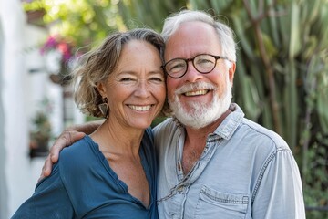 Portrait of a grinning caucasian couple in their 50s smiling at the camera