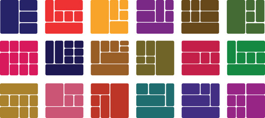 Colorful geometric bento grid templates with rounded corners A collection of trendy geometric layouts featuring rounded corner bento grids 