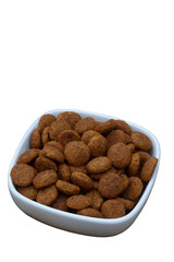 Bowl of dry dog food is shown in a white background