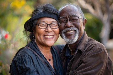 Fototapeta premium Portrait of a jovial multiethnic couple in their 50s smiling at the camera