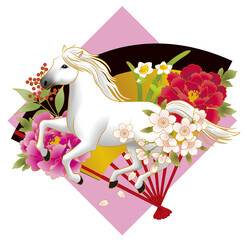 午年　年賀状素材　ピンク四角に扇に白馬