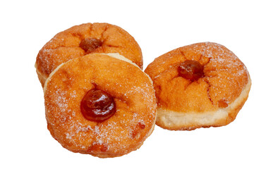 Three jam donuts with sugar sprinkled on top