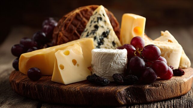 A rustic board with assorted cheeses and dark grapes