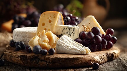 A rustic board with assorted cheeses and dark grapes