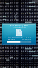 Data recovery process screen on cloud storage server, database protection backup for restore secure file sharing network, cyber security software technology illustration, retro computer monitor UI