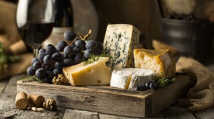 A rustic cheese platter beside wooden wine crate