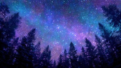 Silhouette of pine trees against a vibrant purple and blue starry night sky