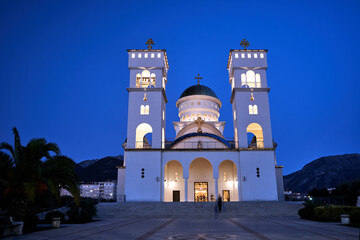 Bell towers of an Orthodox church at night in Bar
