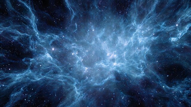 Swirling cosmic nebula filled with glowing stars and interstellar gas deep blue and white hues - Powered by Adobe