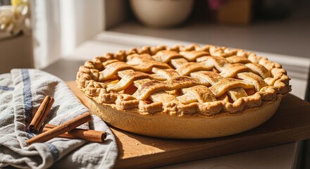 A homemade apple pie with a golden lattice crust and cinnamon sticks resting in warm sunlight.