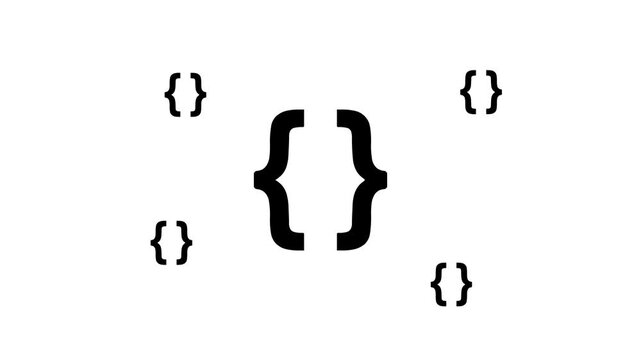 Zoom in and out animation the curly brackets symbol. Large black symbol in the center and four small symbols around. Seamless looped 4k animation on white background